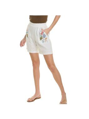 Johnny Was Workshop White Linen Floral Embroidered Bermuda Shorts M